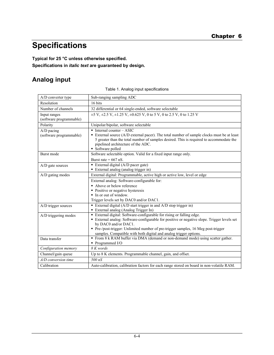 Specifications, Analog input, Specifications -4 | Analog input -4, Chapter 6 | Measurement Computing PCI-DAS64/M2/16 User Manual | Page 25 / 36