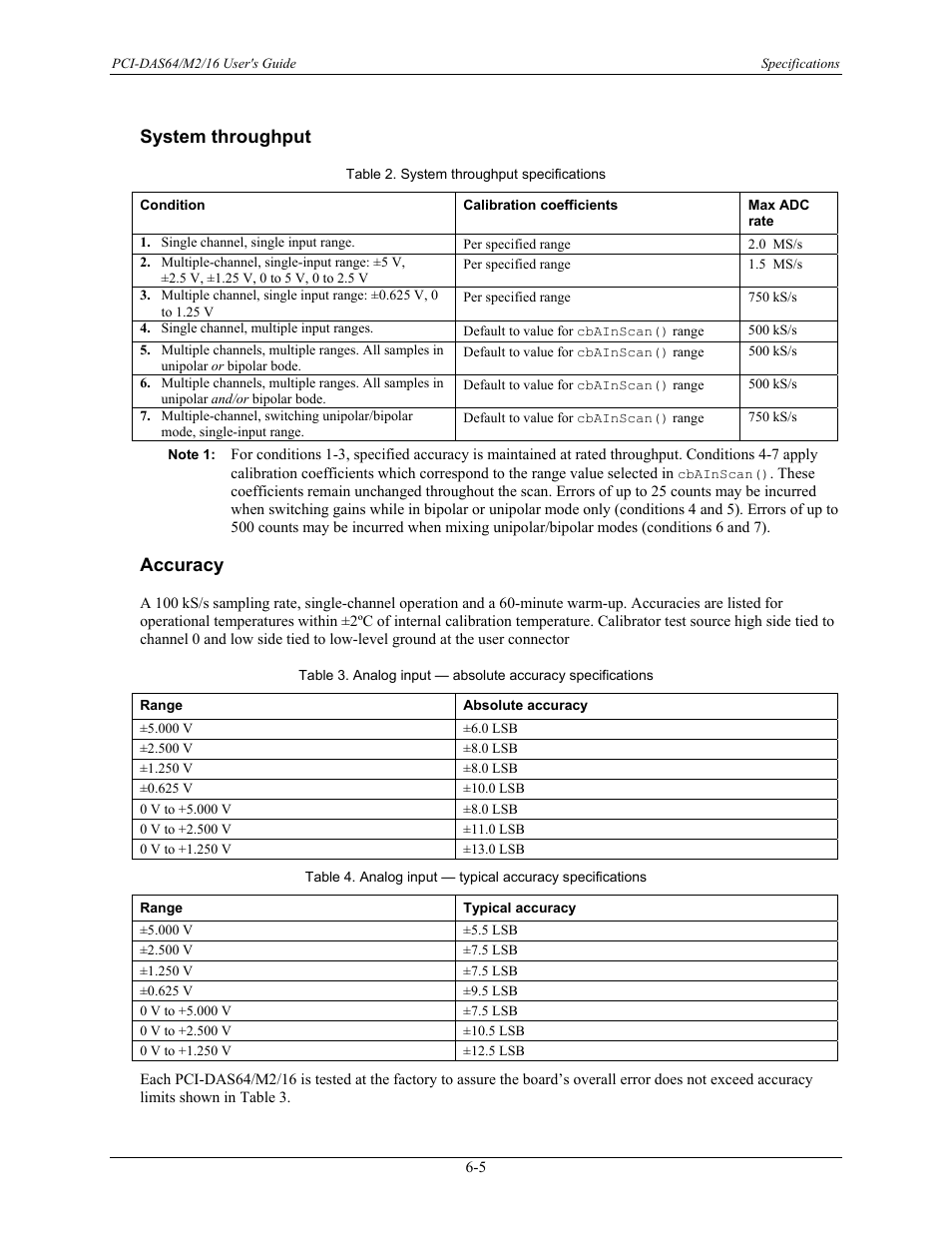 System throughput, Accuracy, System throughput -5 | Accuracy -5 | Measurement Computing PCI-DAS64/M2/16 User Manual | Page 26 / 36