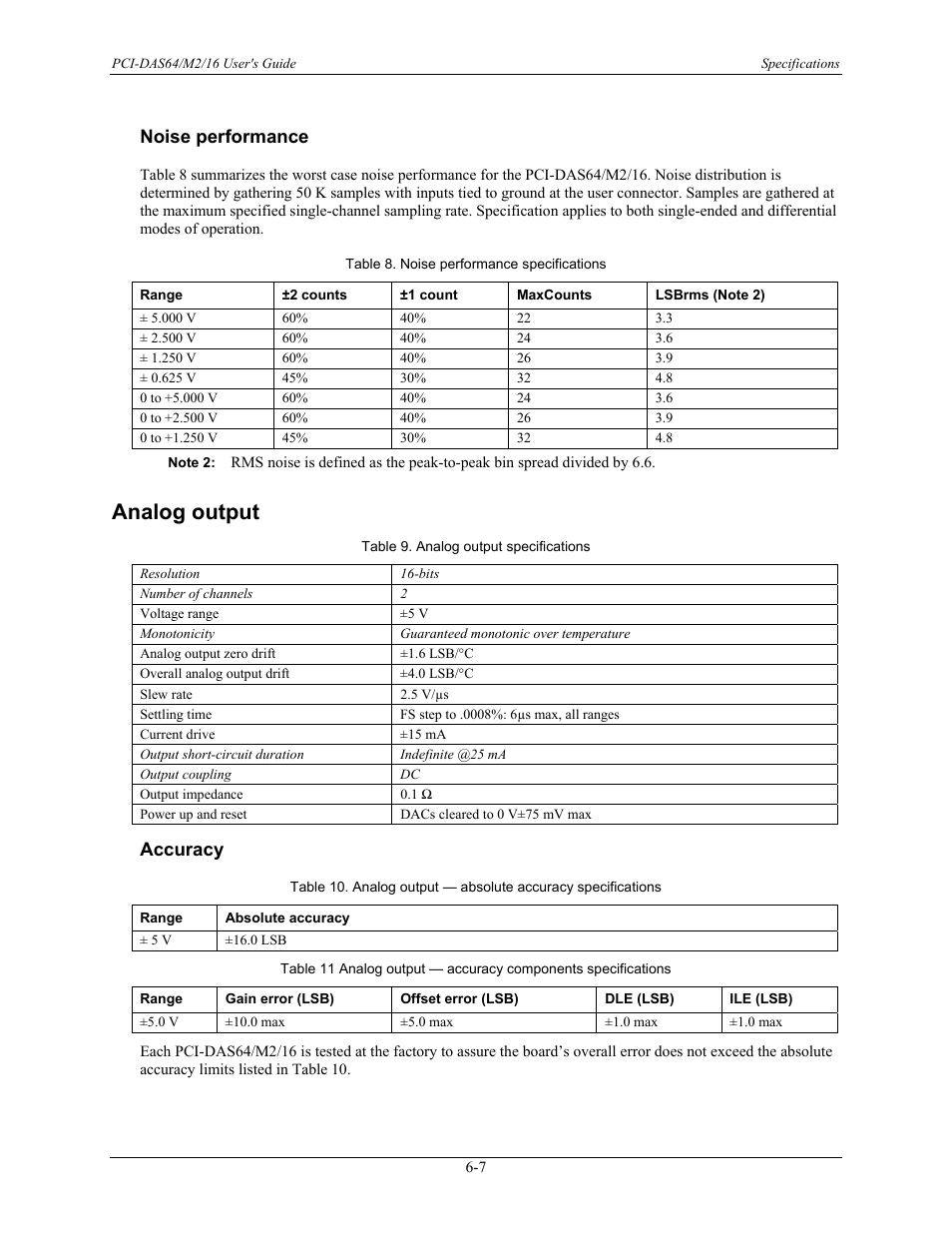 Noise performance, Analog output, Accuracy | Noise performance -7, Analog output -7, Accuracy -7 | Measurement Computing PCI-DAS64/M2/16 User Manual | Page 28 / 36