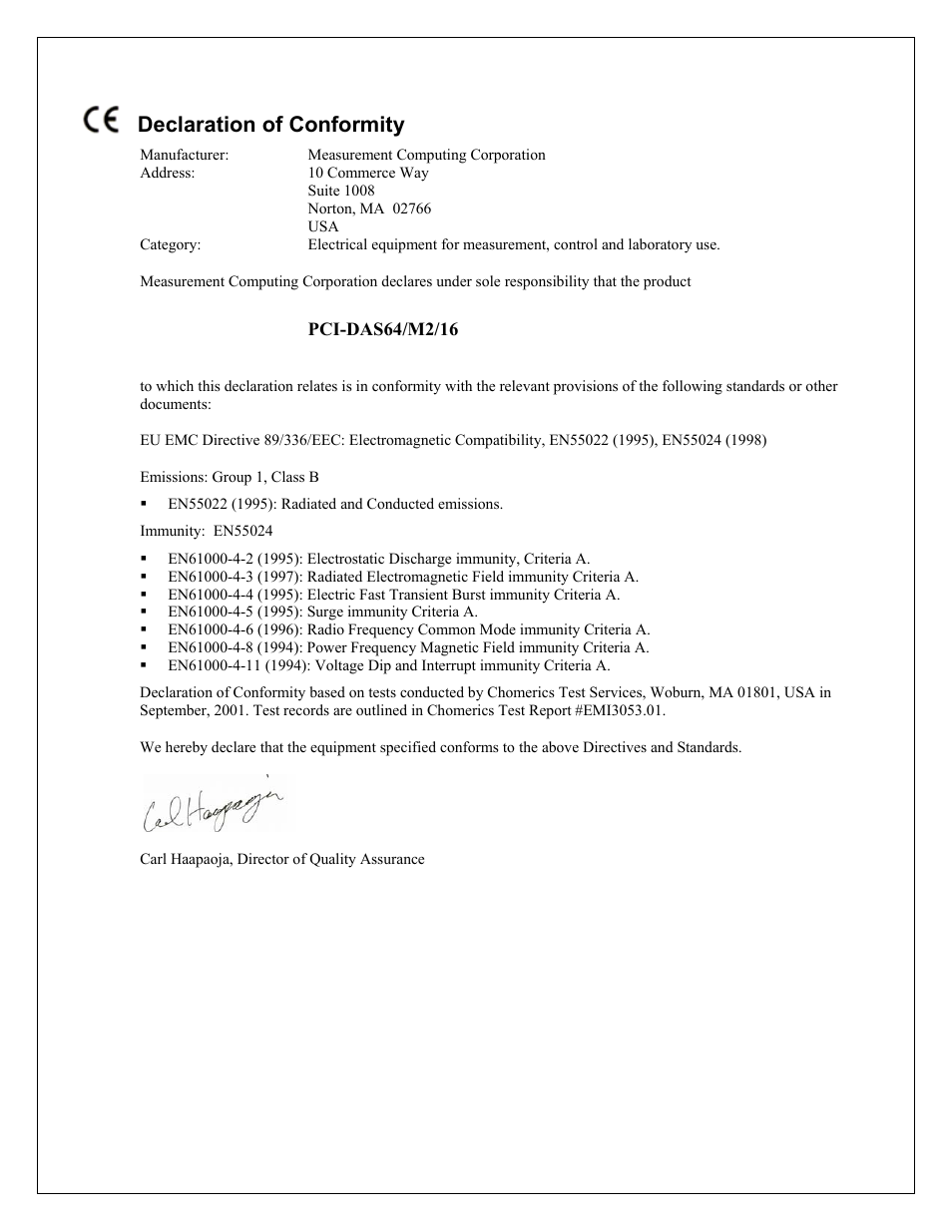 Declaration of conformity | Measurement Computing PCI-DAS64/M2/16 User Manual | Page 35 / 36