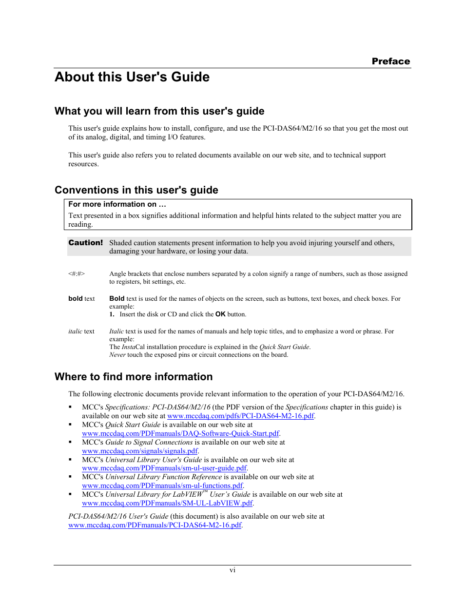 Preface, About this user's guide, What you will learn from this user's guide | Conventions in this user's guide, Where to find more information | Measurement Computing PCI-DAS64/M2/16 User Manual | Page 7 / 36