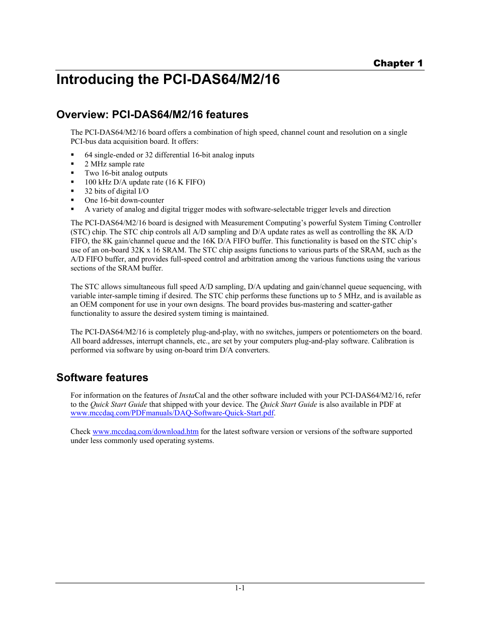 Introducing the pci-das64/m2/16, Overview: pci-das64/m2/16 features, Software features | Introducing the pci-das64/m2/16 -1, Overview: pci-das64/m2/16 features -1, Software features -1 | Measurement Computing PCI-DAS64/M2/16 User Manual | Page 8 / 36