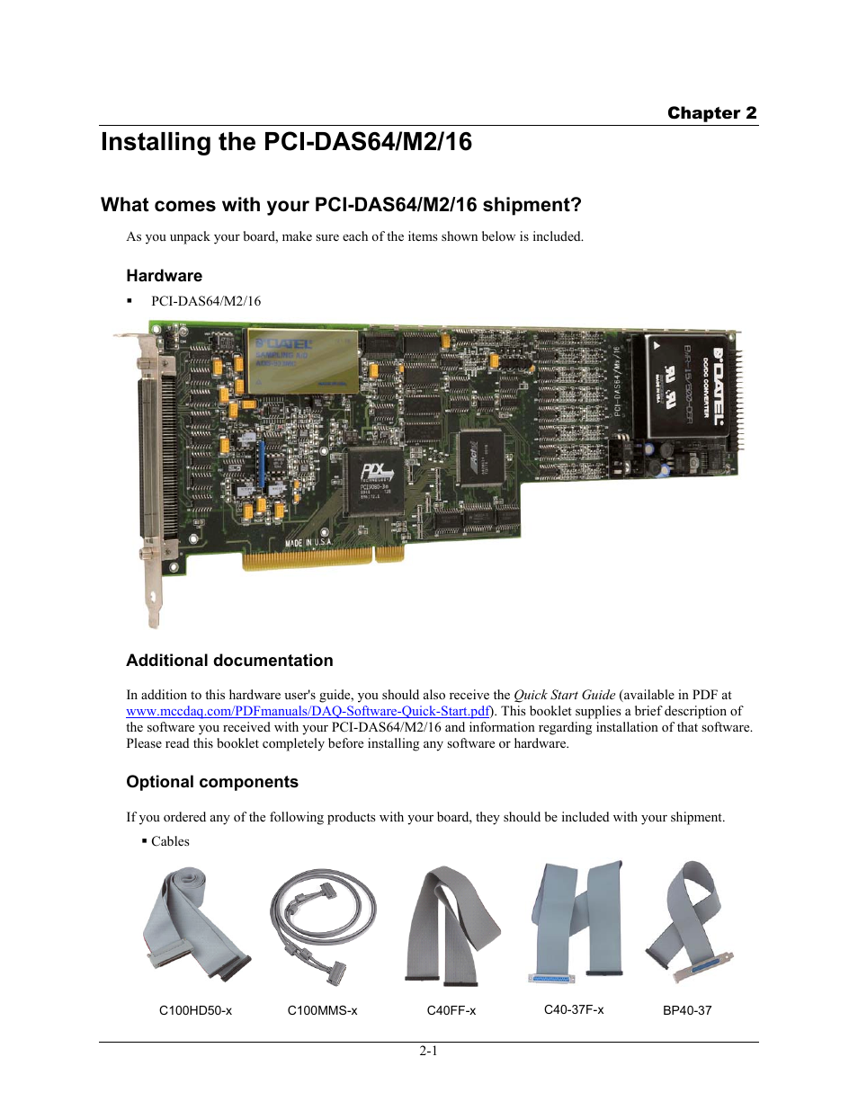 Installing the pci-das64/m2/16, What comes with your pci-das64/m2/16 shipment, Hardware | Additional documentation, Optional components, Installing the pci-das64/m2/16 -1, What comes with your pci-das64/m2/16 shipment? -1, Hardware -1, Additional documentation -1, Optional components -1 | Measurement Computing PCI-DAS64/M2/16 User Manual | Page 9 / 36