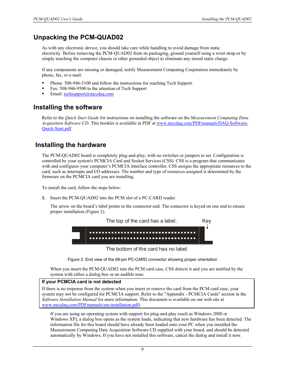 Unpacking the pcm-quad02, Installing the software, Installing the hardware | Measurement Computing PCM-QUAD02 User Manual | Page 10 / 16