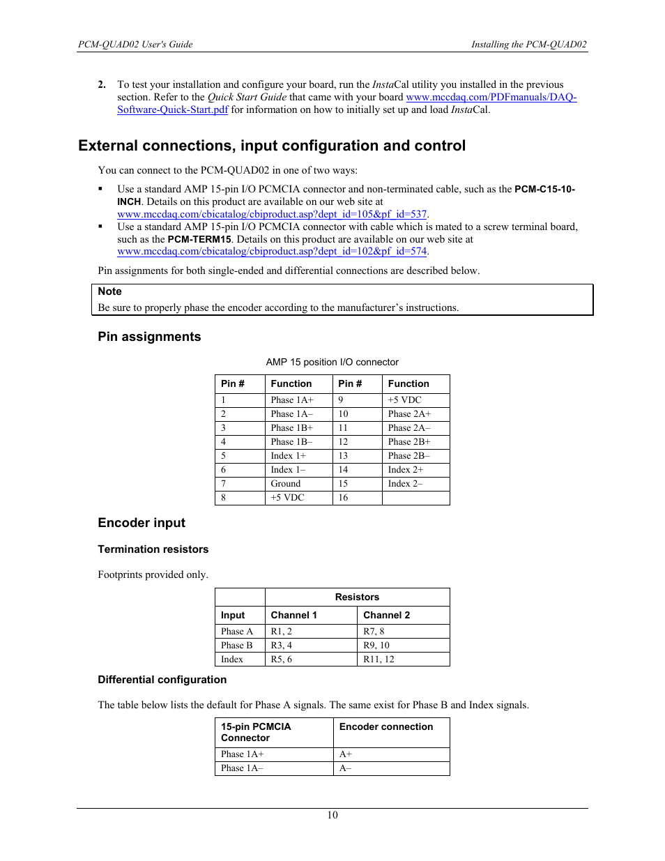 Pin assignments, Encoder input, Termination resistors | Differential configuration | Measurement Computing PCM-QUAD02 User Manual | Page 11 / 16