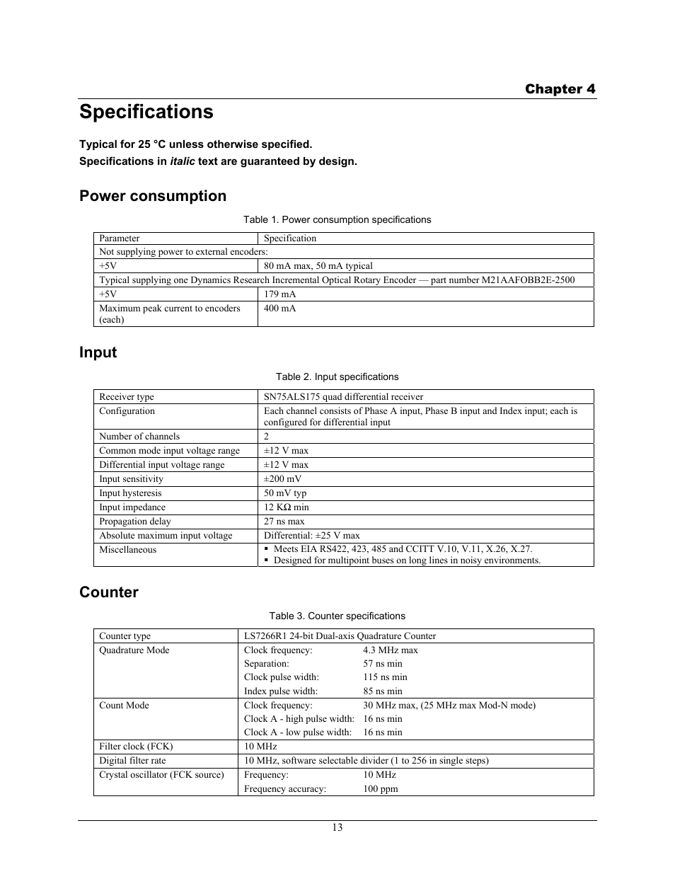 Specifications, Power consumption, Input | Counter | Measurement Computing PCM-QUAD02 User Manual | Page 14 / 16