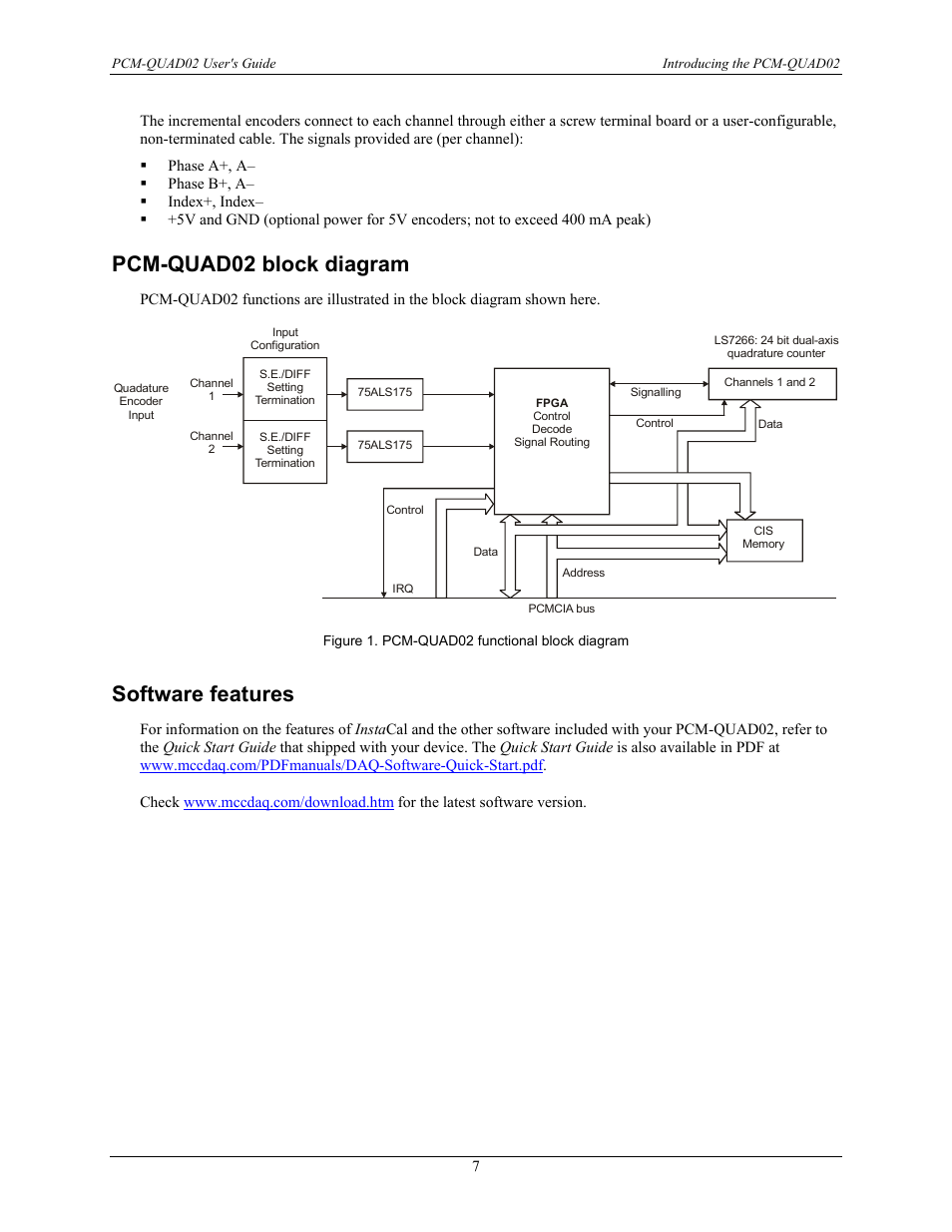 Pcm-quad02 block diagram, Software features | Measurement Computing PCM-QUAD02 User Manual | Page 8 / 16