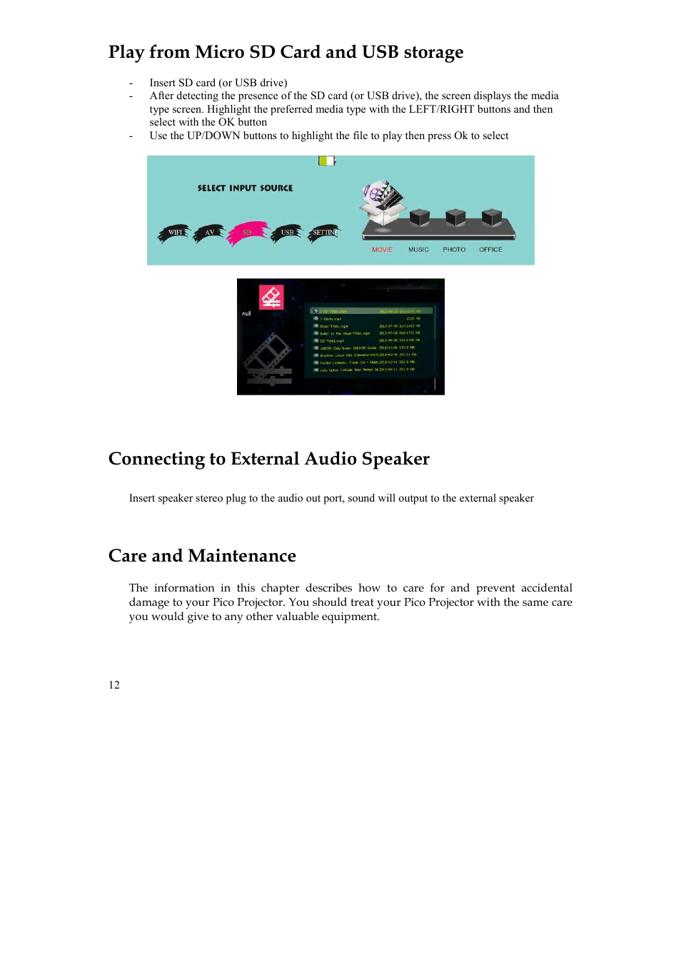 Play from micro sd card and usb storage, Connecting to external audio speaker, Care and maintenance | MEGAPOWER ML51 User Manual | Page 12 / 15