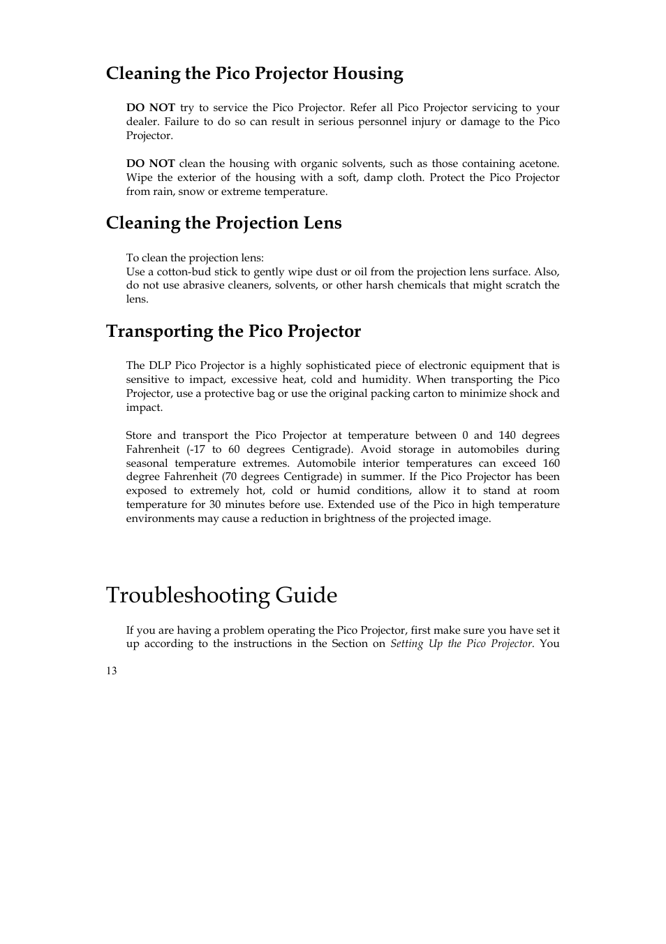 Troubleshooting guide, Cleaning the pico projector housing, Cleaning the projection lens | Transporting the pico projector | MEGAPOWER ML51 User Manual | Page 13 / 15