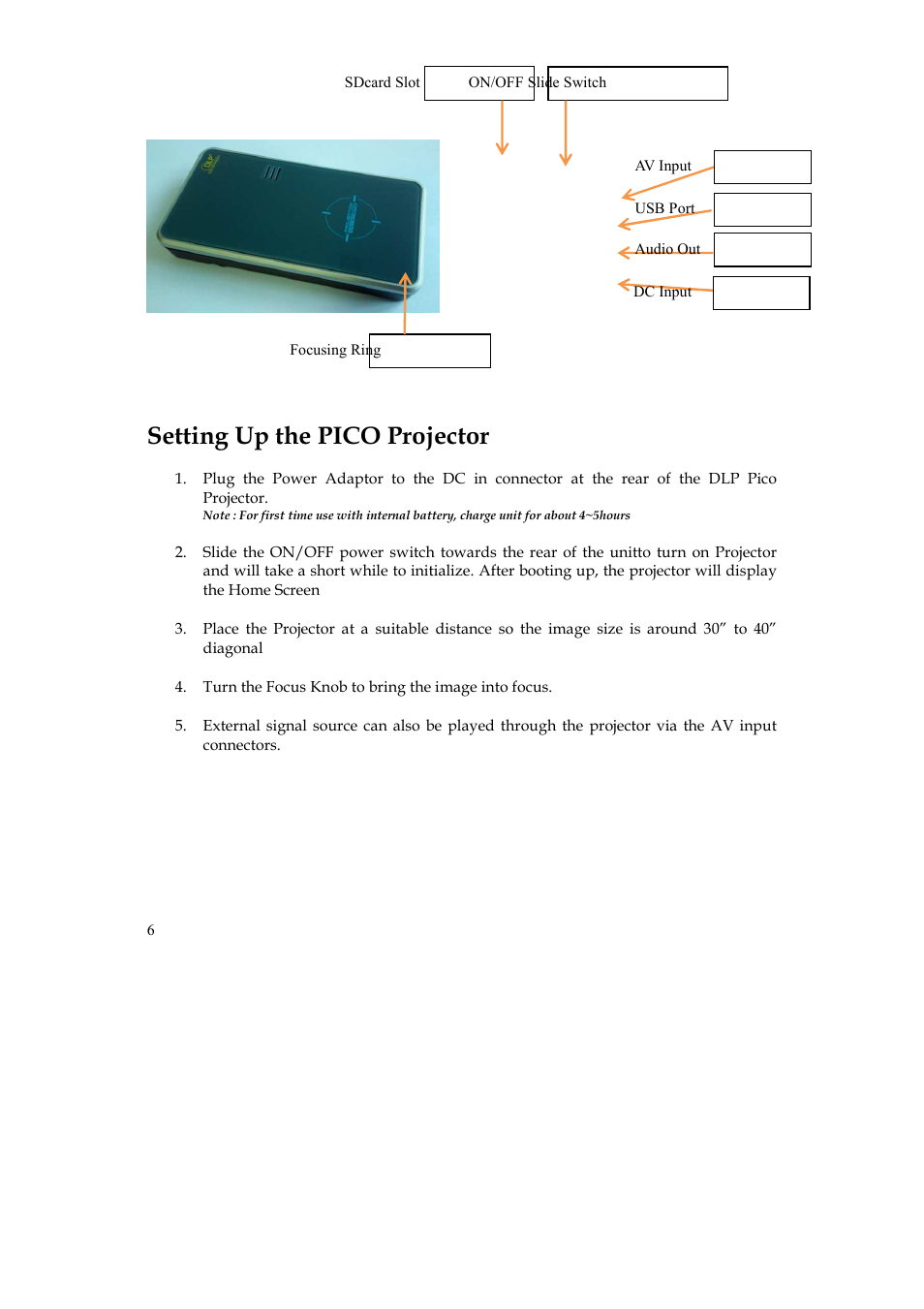 Setting up the pico projector | MEGAPOWER ML51 User Manual | Page 6 / 15
