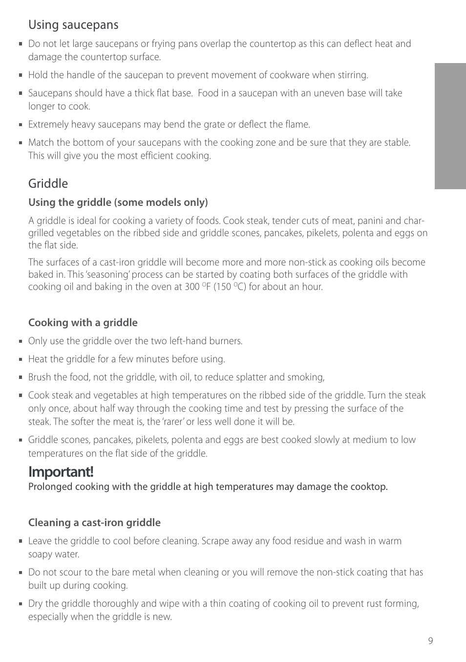 Important, Using saucepans, Griddle | Cuisine-Cookware GC912 User Manual | Page 11 / 52