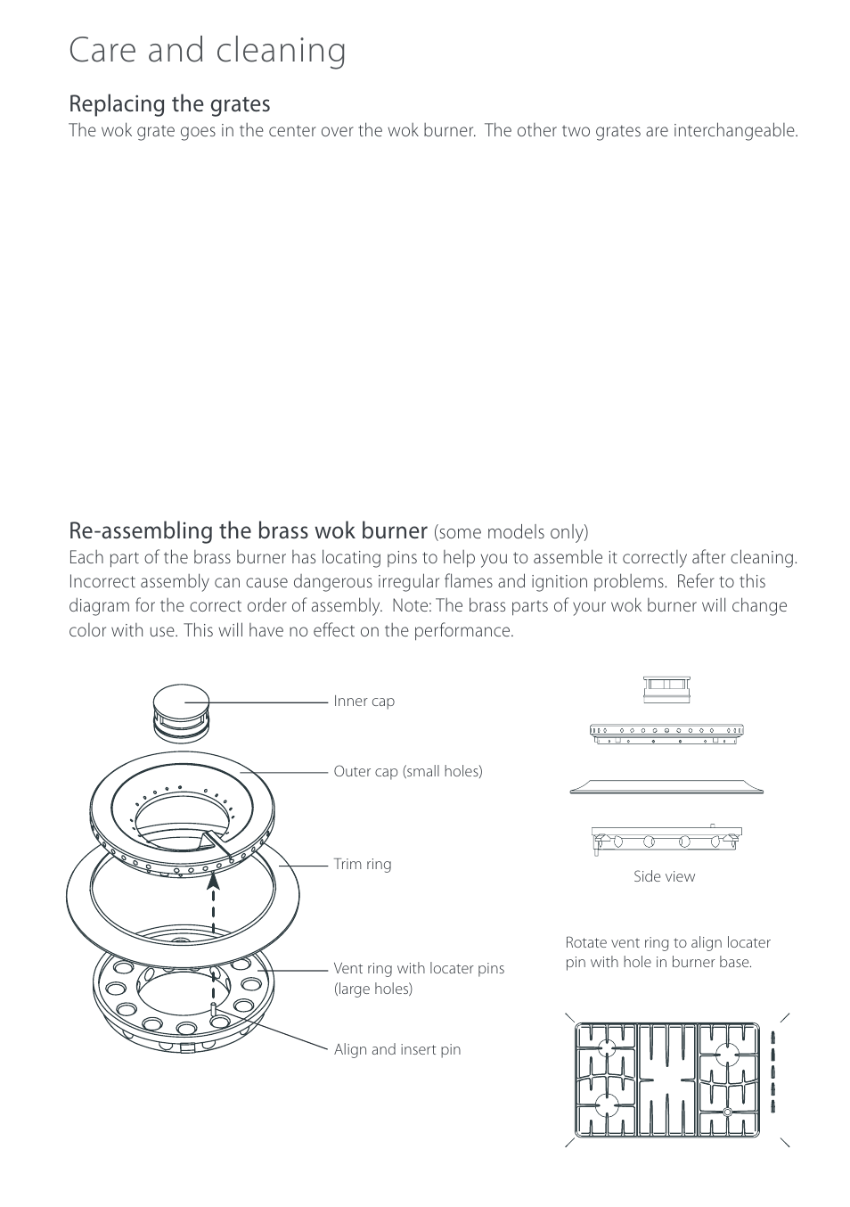 Care and cleaning, Replacing the grates, Re-assembling the brass wok burner | Cuisine-Cookware GC912 User Manual | Page 14 / 52
