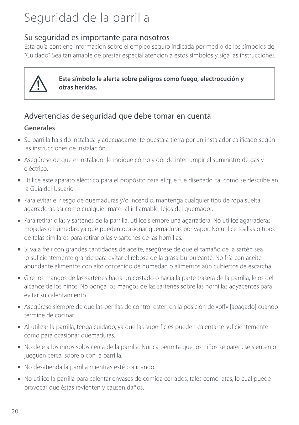 Seguridad de la parrilla, Su seguridad es importante para nosotros, Advertencias de seguridad que debe tomar en cuenta | Cuisine-Cookware GC912 User Manual | Page 22 / 52