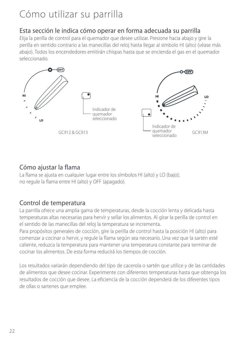 Cómo utilizar su parrilla, Cómo ajustar la flama, Control de temperatura | Cuisine-Cookware GC912 User Manual | Page 24 / 52