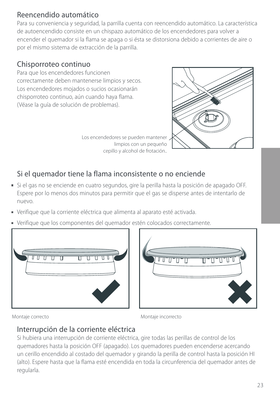 Reencendido automático, Chisporroteo continuo, Interrupción de la corriente eléctrica | Cuisine-Cookware GC912 User Manual | Page 25 / 52