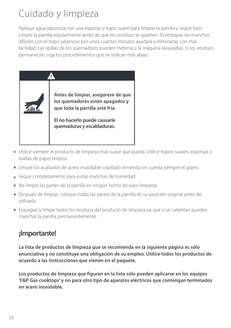 Cuidado y limpieza, Importante, Advertencia | Cuisine-Cookware GC912 User Manual | Page 28 / 52
