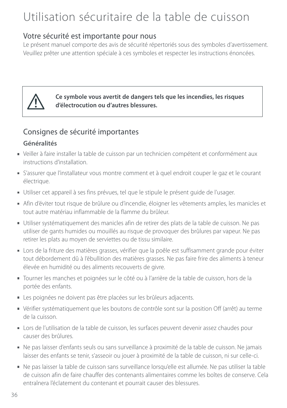 Utilisation sécuritaire de la table de cuisson, Votre sécurité est importante pour nous, Consignes de sécurité importantes | Cuisine-Cookware GC912 User Manual | Page 38 / 52