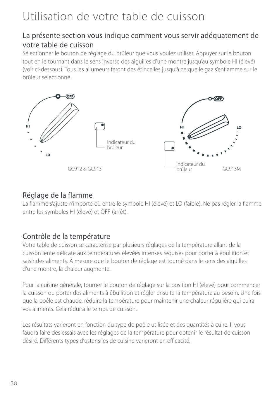 Utilisation de votre table de cuisson, Réglage de la flamme, Contrôle de la température | Cuisine-Cookware GC912 User Manual | Page 40 / 52