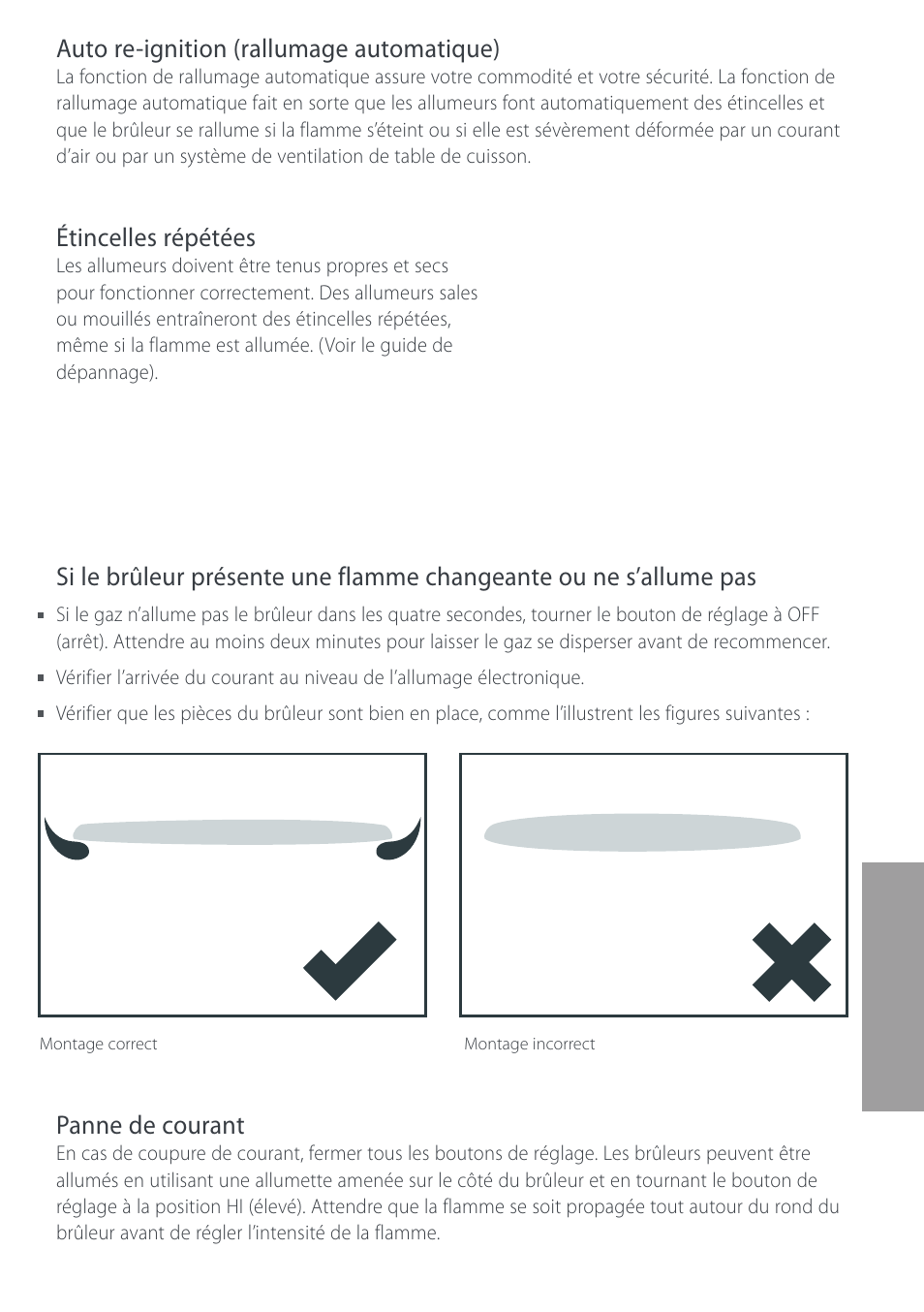 Auto re-ignition (rallumage automatique), Étincelles répétées, Panne de courant | Cuisine-Cookware GC912 User Manual | Page 41 / 52