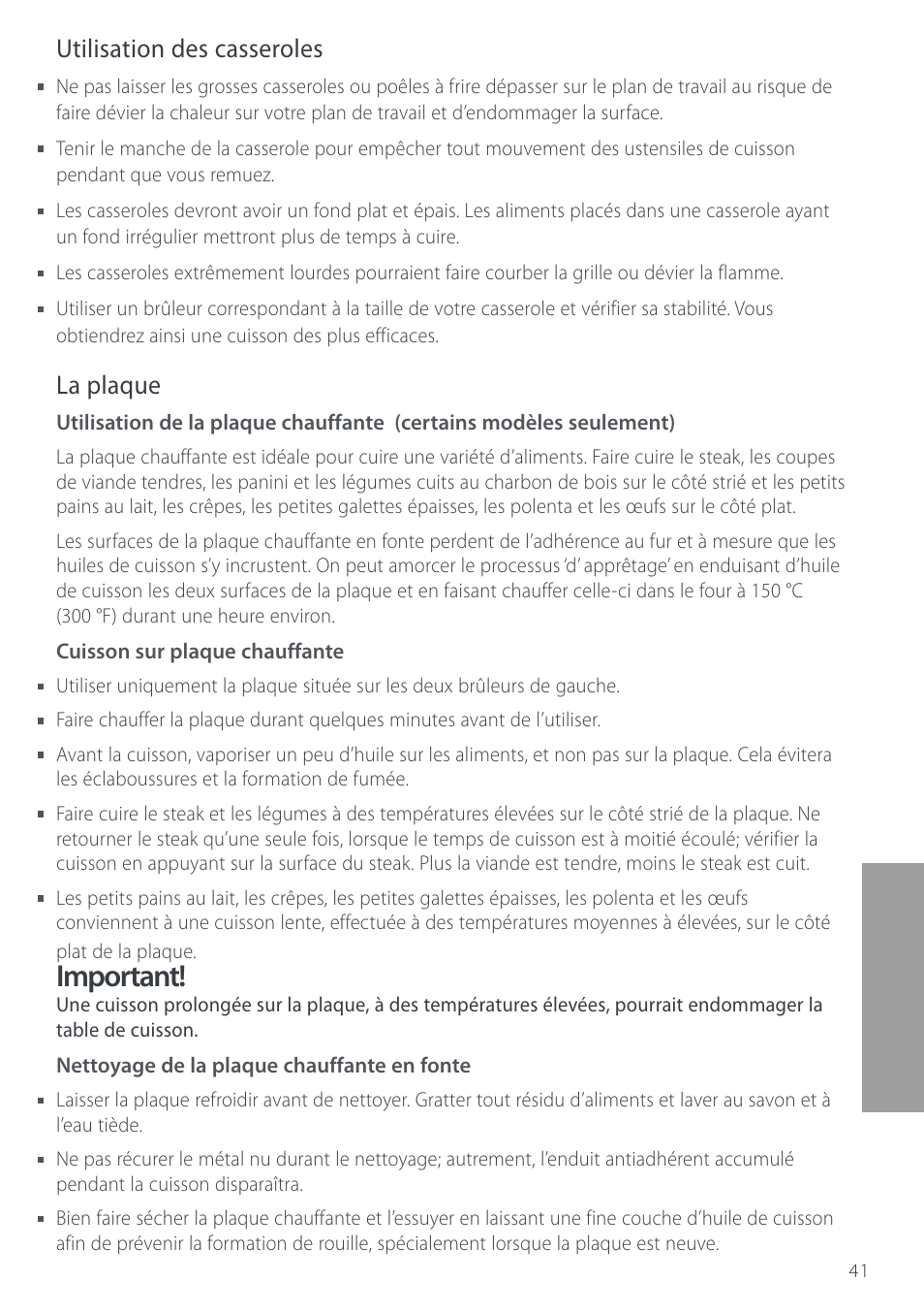 Important, Utilisation des casseroles, La plaque | Cuisine-Cookware GC912 User Manual | Page 43 / 52