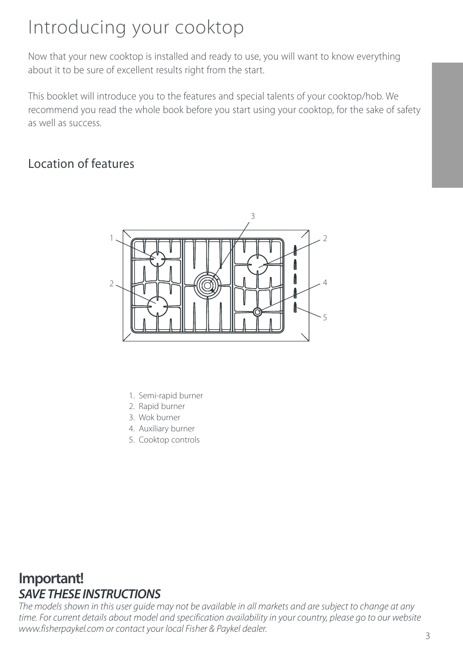 Introducing your cooktop, Important, Location of features | Save these instructions | Cuisine-Cookware GC912 User Manual | Page 5 / 52