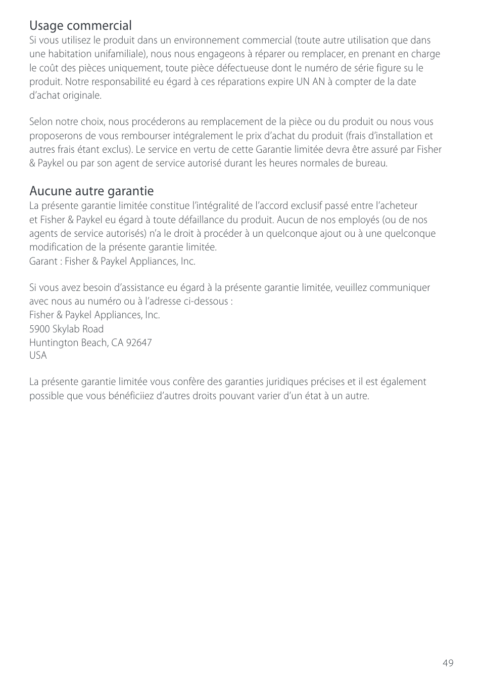 Usage commercial, Aucune autre garantie | Cuisine-Cookware GC912 User Manual | Page 51 / 52