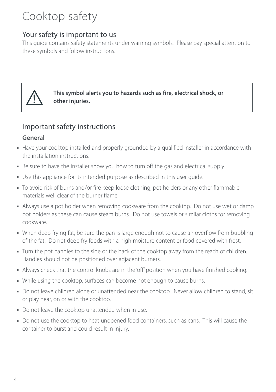 Cooktop safety, Your safety is important to us, Important safety instructions | Cuisine-Cookware GC912 User Manual | Page 6 / 52