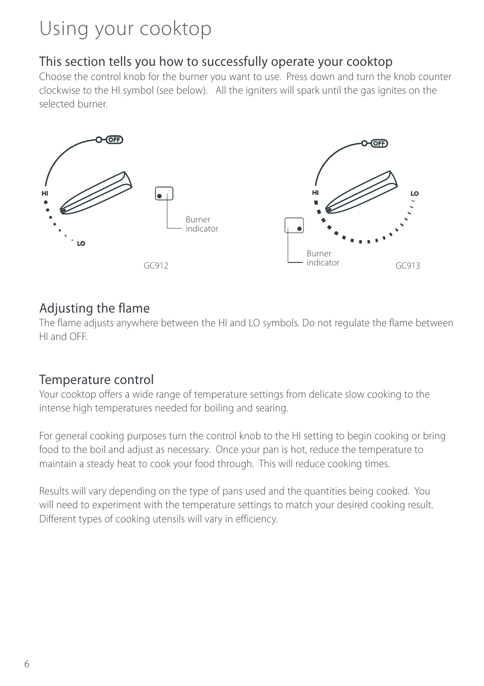 Using your cooktop, Adjusting the flame, Temperature control | Cuisine-Cookware GC912 User Manual | Page 8 / 52