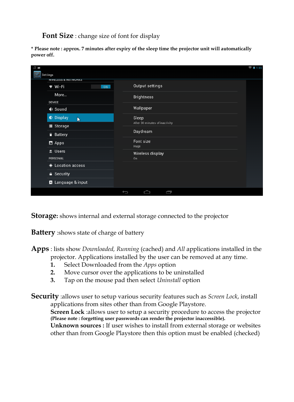 Font size, Storage, Battery | Apps, Security | MEGAPOWER ML131 User Manual | Page 12 / 27