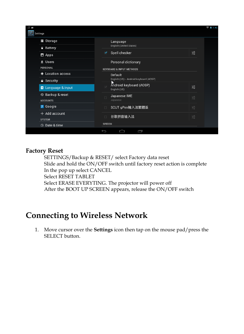 Connecting to wireless network, Factory reset | MEGAPOWER ML131 User Manual | Page 14 / 27