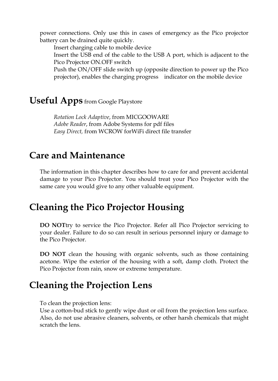 Useful apps, Care and maintenance, Cleaning the pico projector housing | Cleaning the projection lens | MEGAPOWER ML131 User Manual | Page 24 / 27