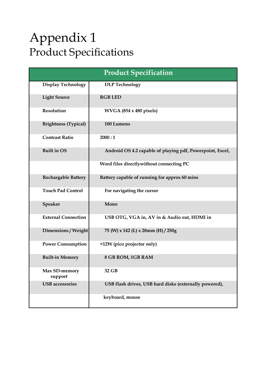 Appendix 1, Product specifications, Product specification | MEGAPOWER ML131 User Manual | Page 27 / 27