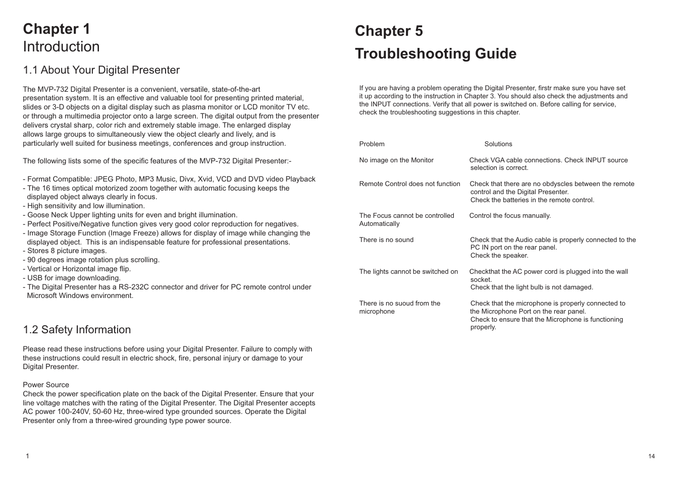 Chapter 1 introduction, Chapter 5 troubleshooting guide, 1 about your digital presenter | 2 safety information | MEGAPOWER MVP-732 User Manual | Page 2 / 9