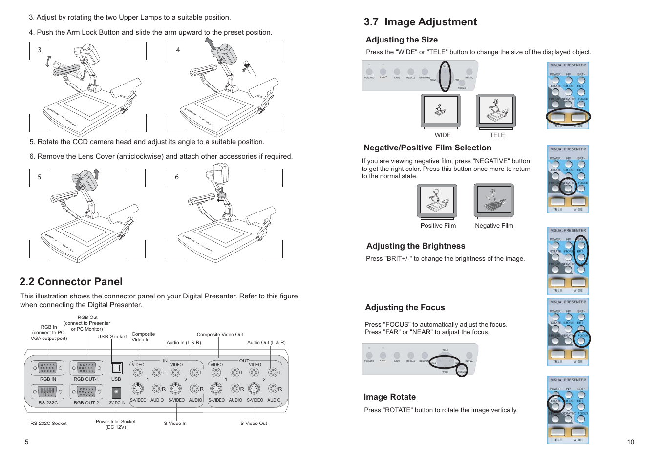 2 connector panel, 7 image adjustment, Adjusting the brightness | Adjusting the focus, Image rotate | MEGAPOWER MVP-732 User Manual | Page 4 / 9