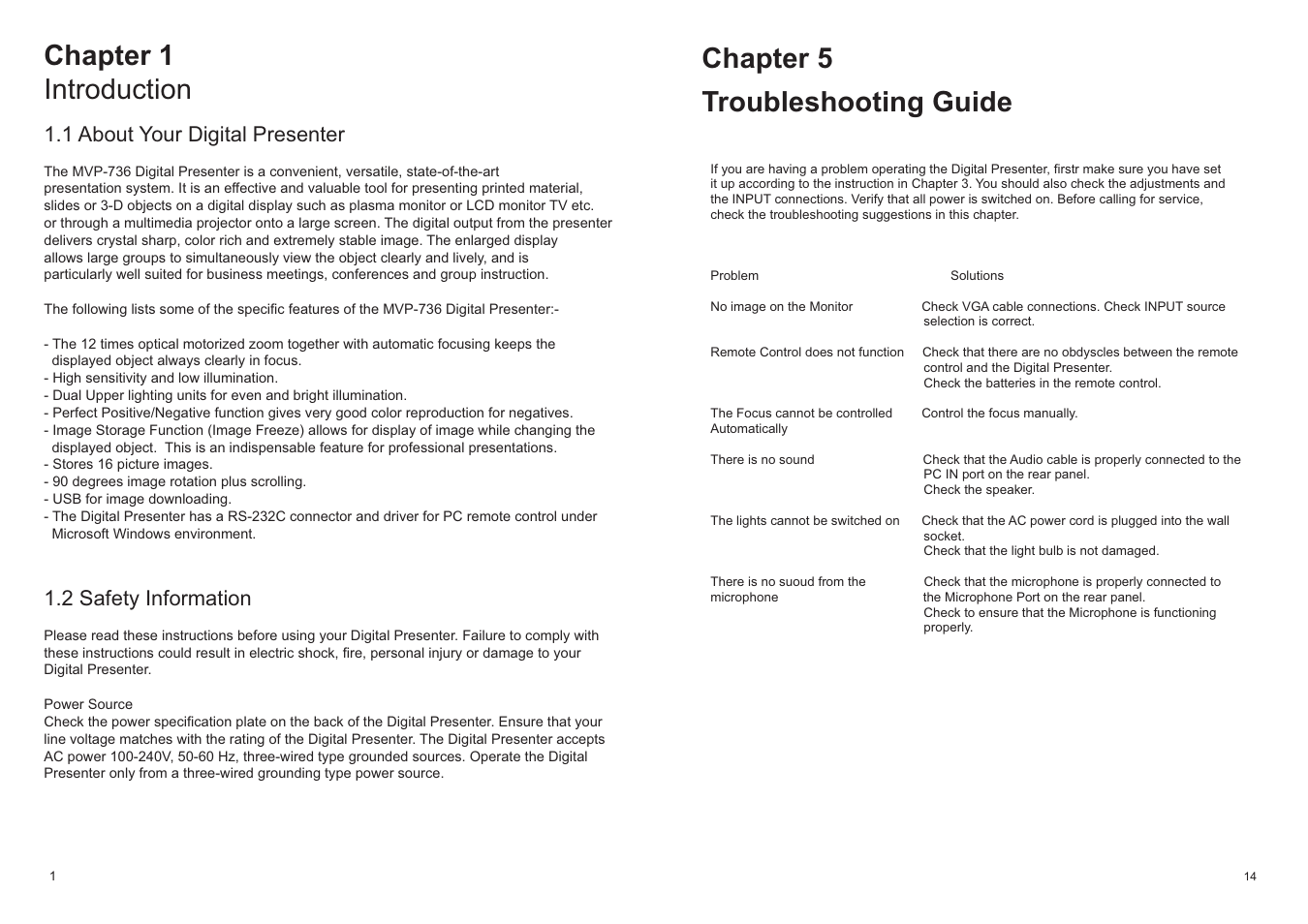 Chapter 1 introduction, Chapter 5 troubleshooting guide, 1 about your digital presenter | 2 safety information | MEGAPOWER MVP-736 User Manual | Page 3 / 9