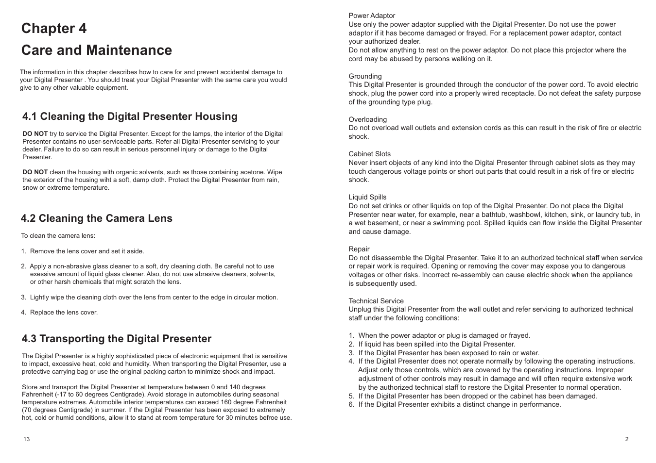 Chapter 4 care and maintenance, 1 cleaning the digital presenter housing, 2 cleaning the camera lens | 3 transporting the digital presenter | MEGAPOWER MVP-736 User Manual | Page 4 / 9