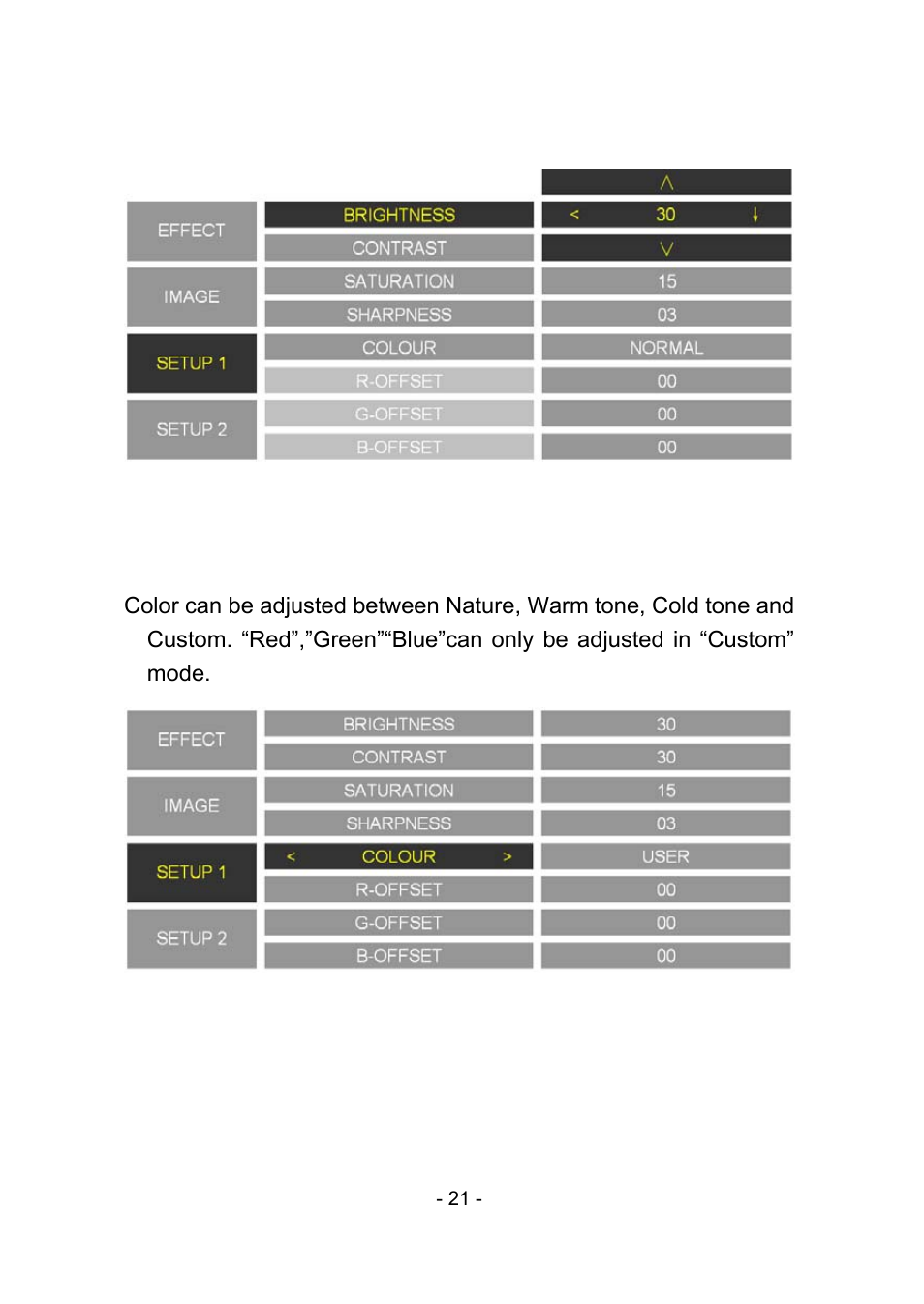 5 brightness/ contrast/ saturation/ sharpness, 6 color | MEGAPOWER MVP-886 User Manual | Page 25 / 50