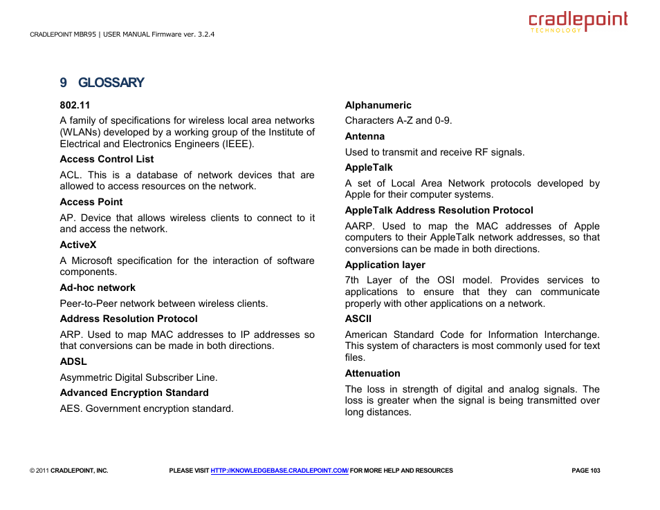 9 glossary | Cradlepoint MBR95 User Manual | Page 105 / 122