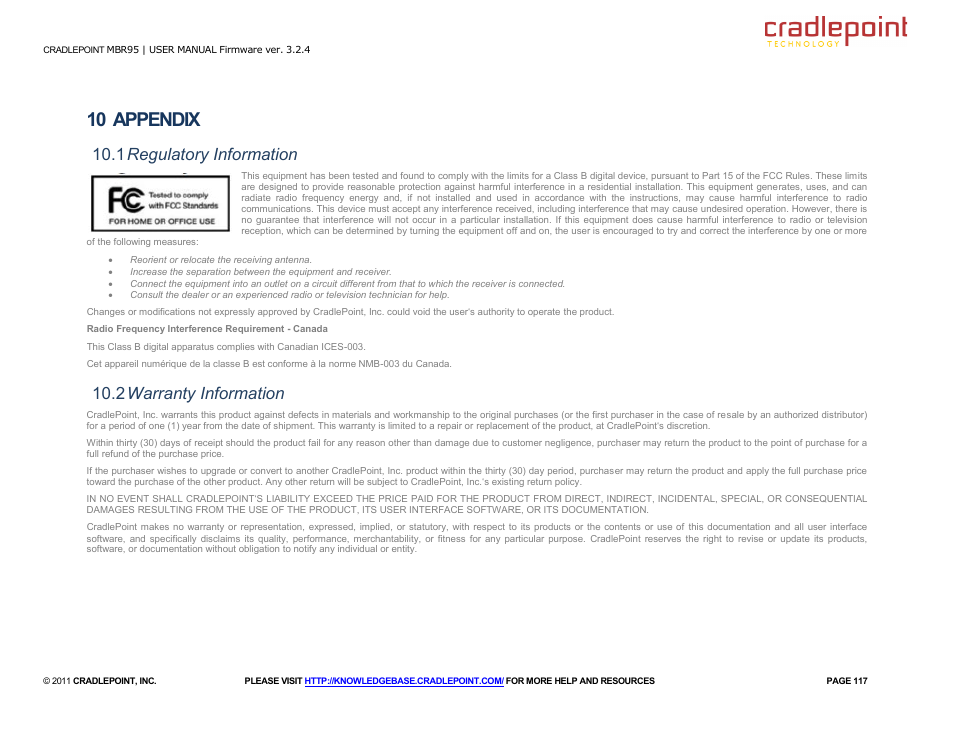 10 appendix, 1 regulatory information, 2 warranty information | Cradlepoint MBR95 User Manual | Page 119 / 122