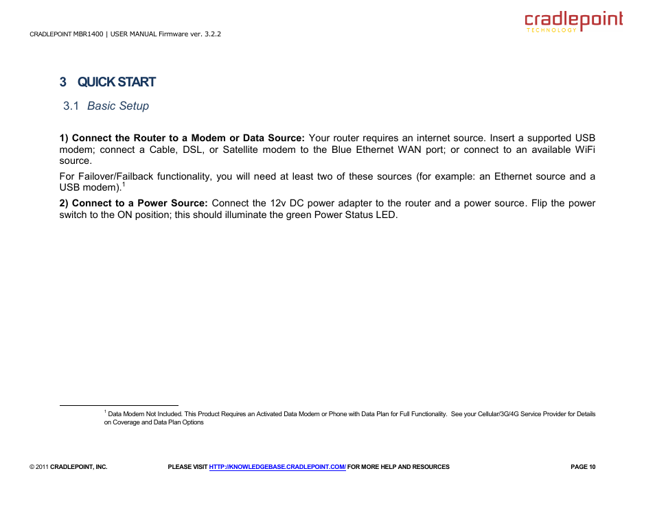 3 quick start, 1 basic setup | Cradlepoint MBR95 User Manual | Page 12 / 122