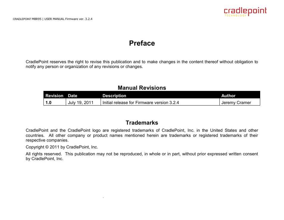 Preface, Manual revisions, Trademarks | Cradlepoint MBR95 User Manual | Page 2 / 122