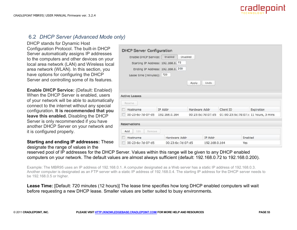 2 dhcp server (advanced mode only) | Cradlepoint MBR95 User Manual | Page 55 / 122
