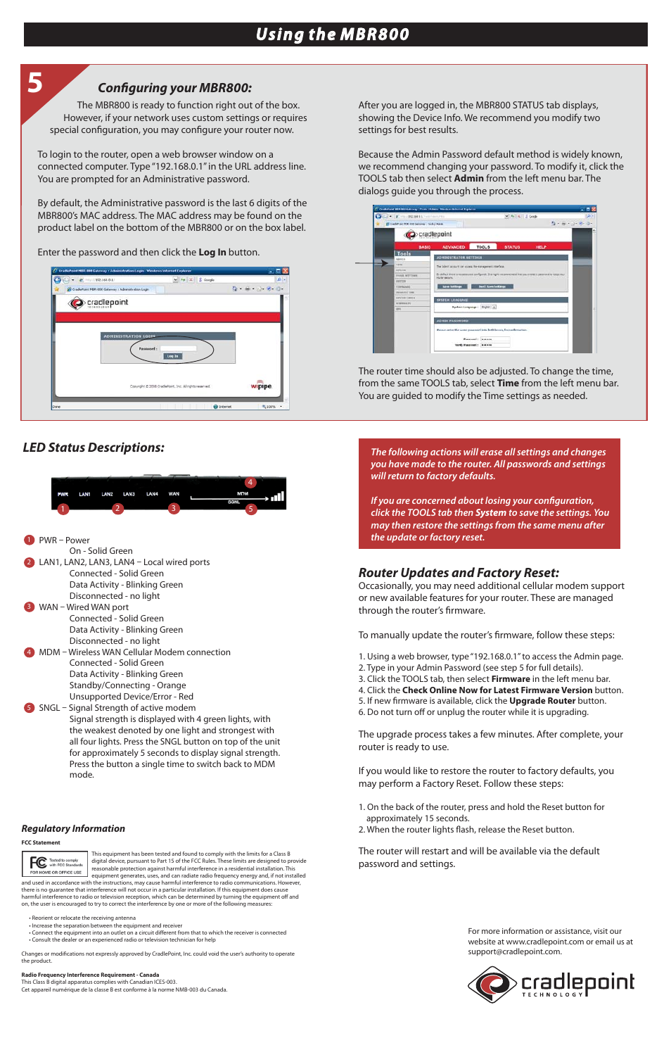 Mbr800_qsg_pg2 copy, Configuring your mbr800, Router updates and factory reset | Led status descriptions | Cradlepoint MBR800 User Manual | Page 2 / 2