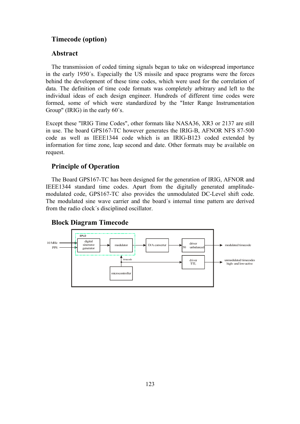 Timecode (option) abstract, Principle of operation, Block diagram timecode | Meinberg TCR LANTIME User Manual | Page 123 / 132
