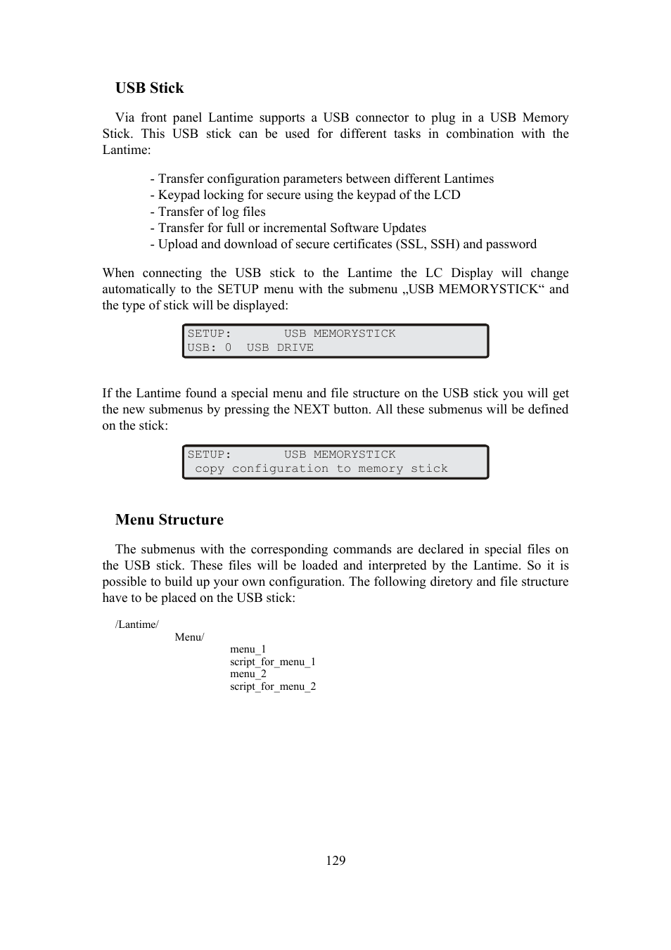 Usb stick, Menu structure | Meinberg TCR LANTIME User Manual | Page 129 / 132