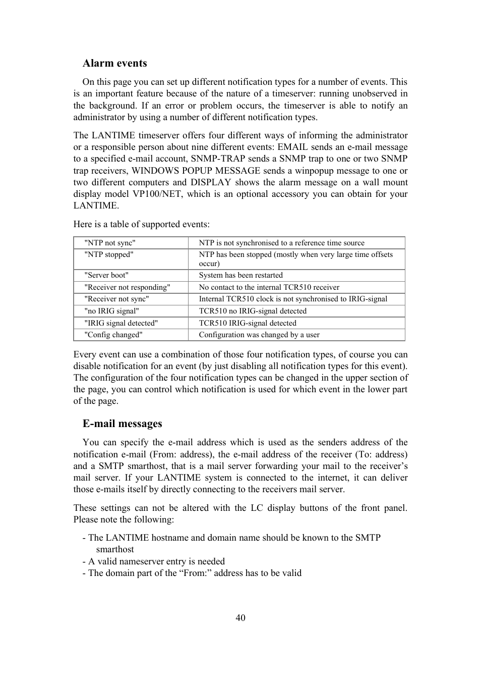Alarm events, E-mail messages | Meinberg TCR LANTIME User Manual | Page 40 / 132