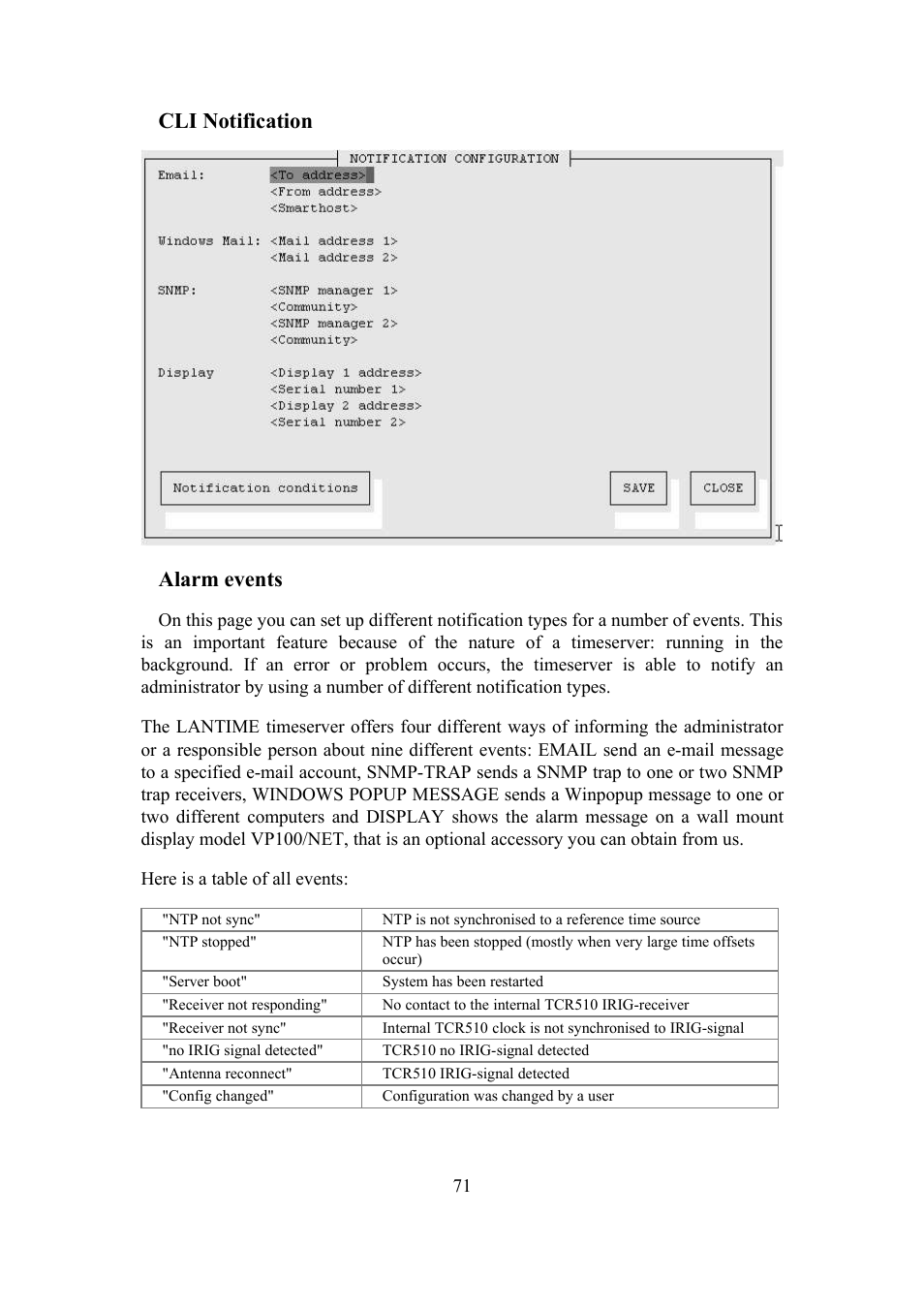 Cli notification alarm events | Meinberg TCR LANTIME User Manual | Page 71 / 132