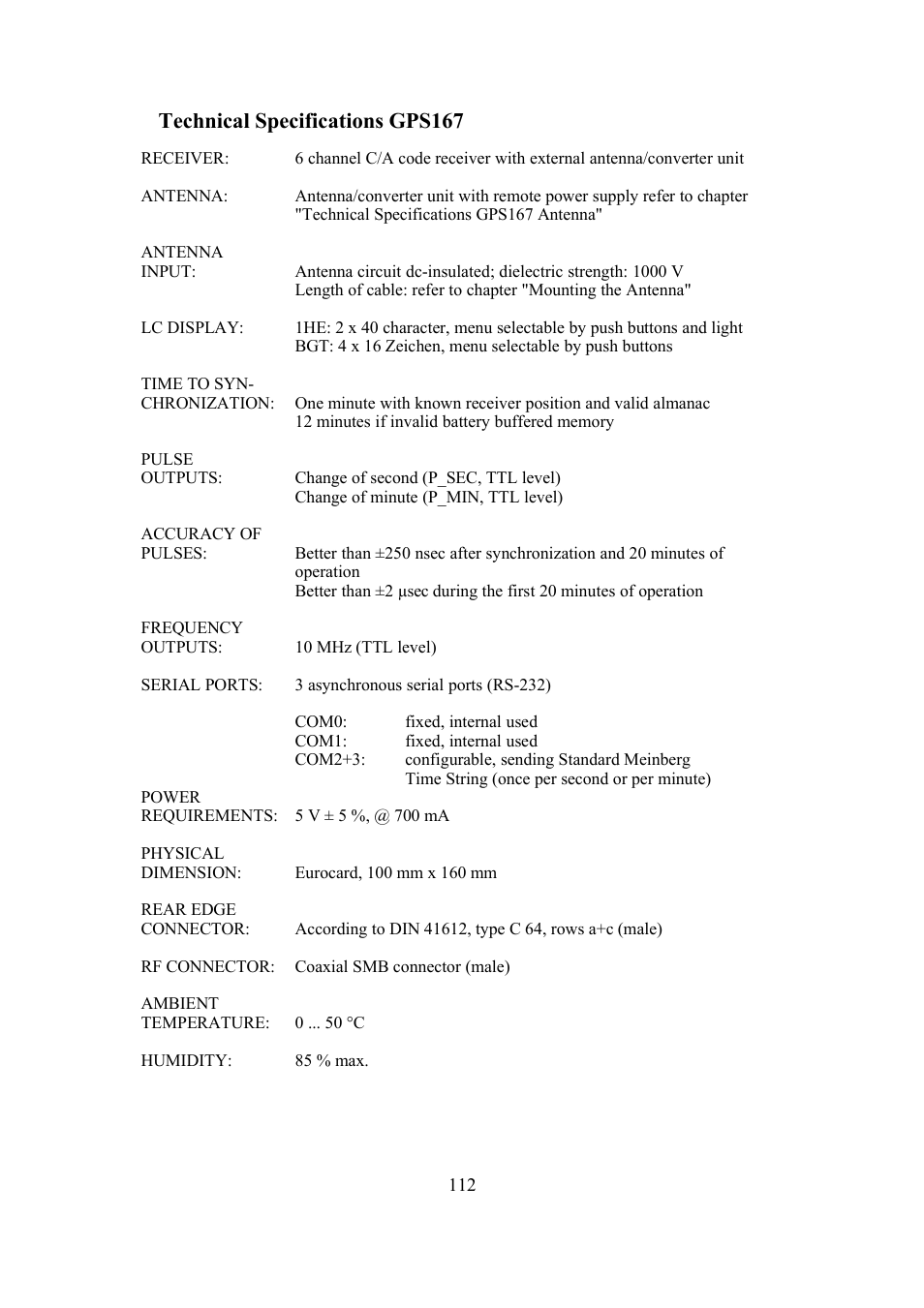 Technical specifications gps167 | Meinberg SHSPZF LANTIME User Manual | Page 112 / 153
