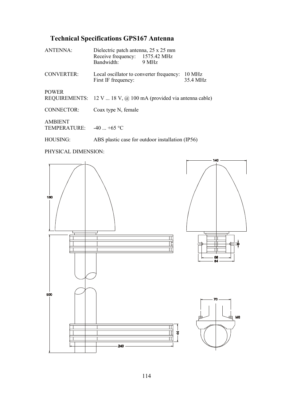 Technical specifications gps167 antenna | Meinberg SHSPZF LANTIME User Manual | Page 114 / 153