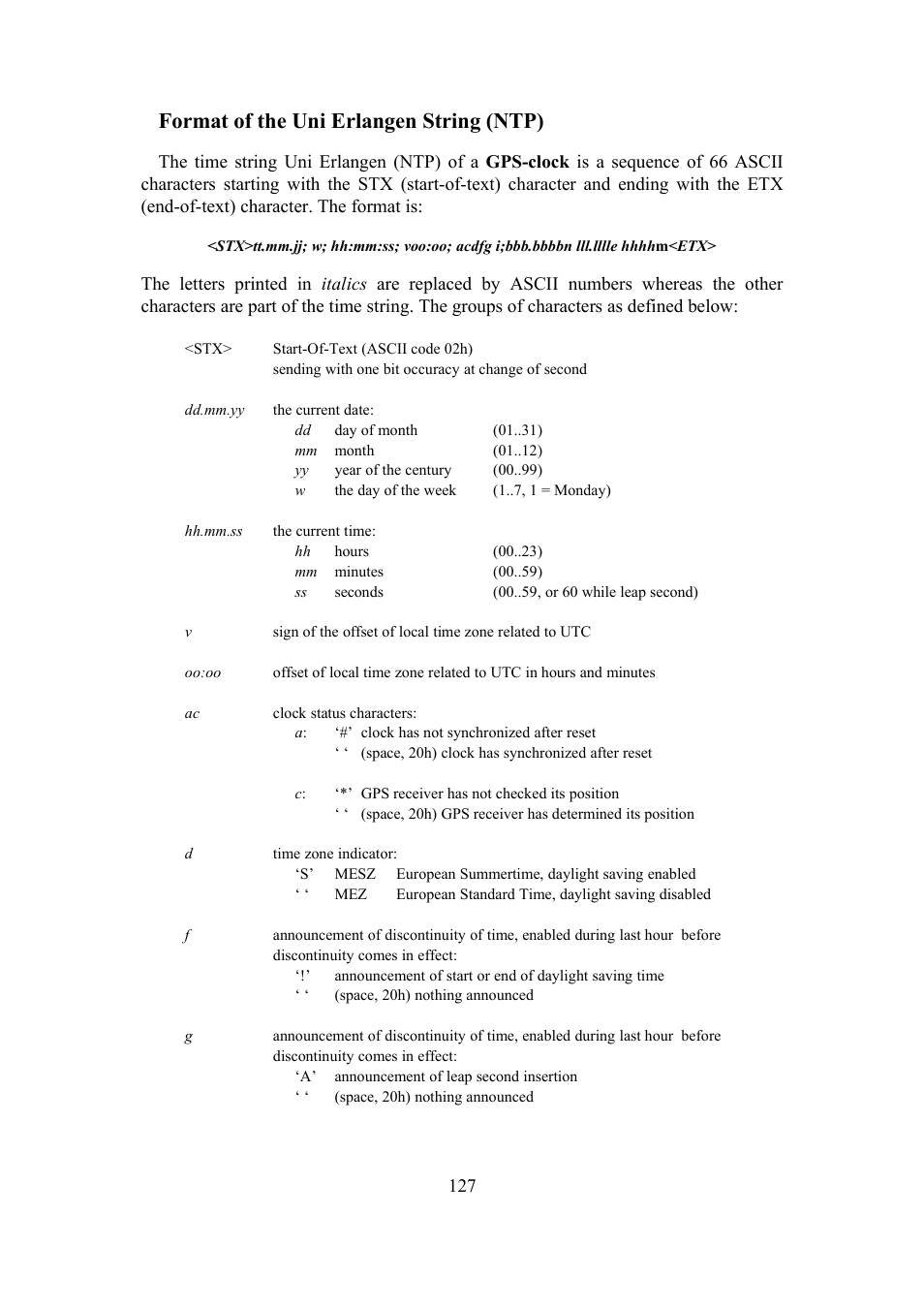 Format of the uni erlangen string (ntp) | Meinberg SHSPZF LANTIME User Manual | Page 127 / 153